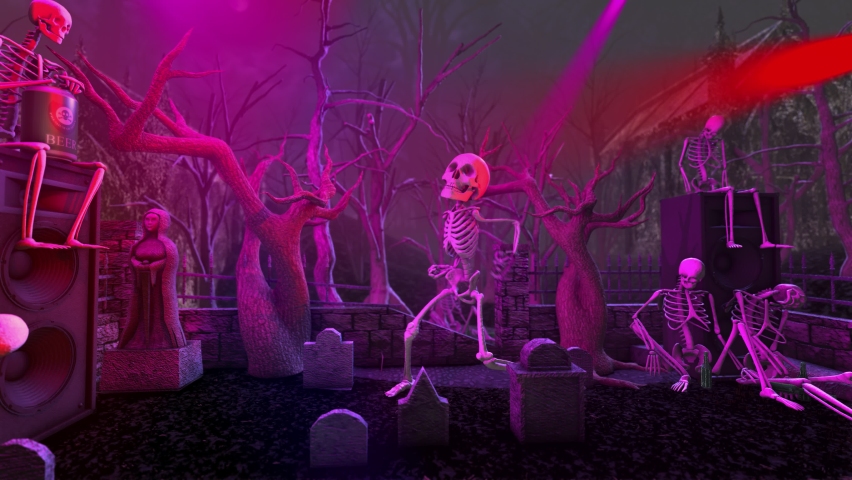 Seamless animation of a skeletons dancing in a cemetery disco at night. Funny halloween background for parties and events. Royalty-Free Stock Footage #1058670985