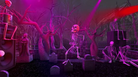 Seamless animation of a skeletons dancing in a cemetery disco at night. Funny halloween background for parties and events.