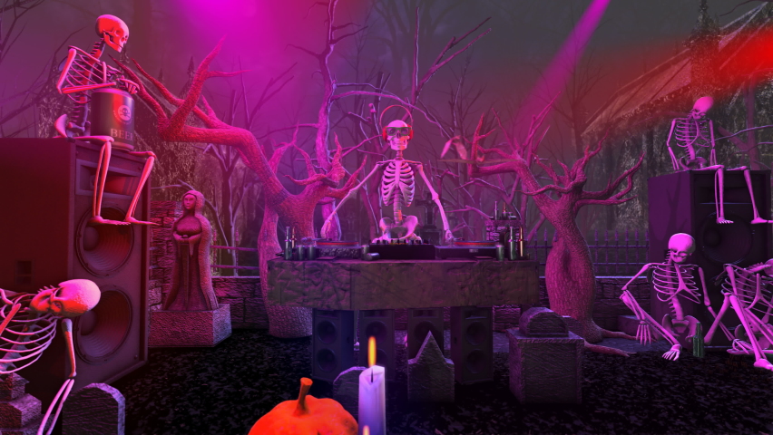 Seamless animation of a skeleton djing with turntables and bats flying around in a cemetery at night. Funny halloween background for parties and events. Royalty-Free Stock Footage #1058671633