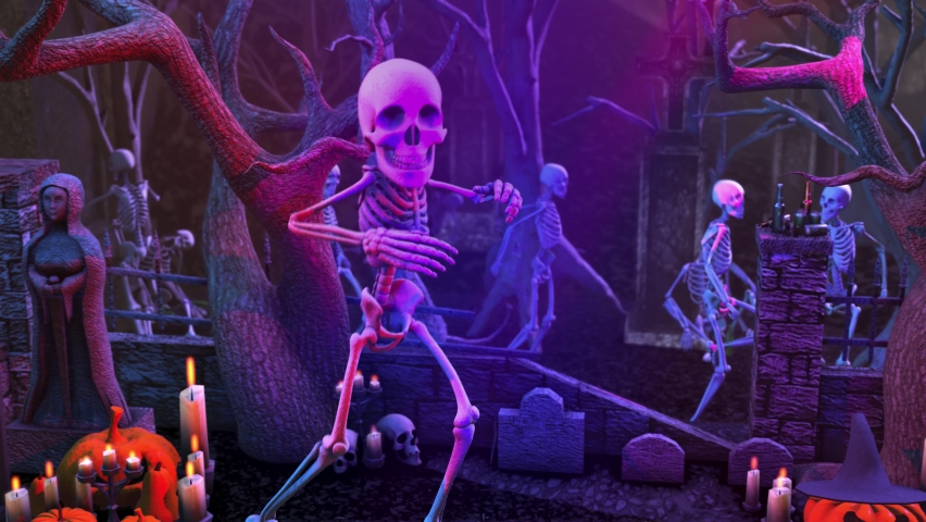 Seamless animation of a skeletons dancing in a cemetery disco at night. Funny halloween background for parties and events. Royalty-Free Stock Footage #1058671639