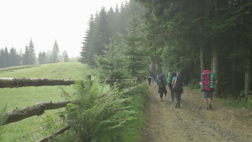 Group of hikers with backpacks climbing the mountain in the misty morning. People walking on mountain trail. Camping tourism.
