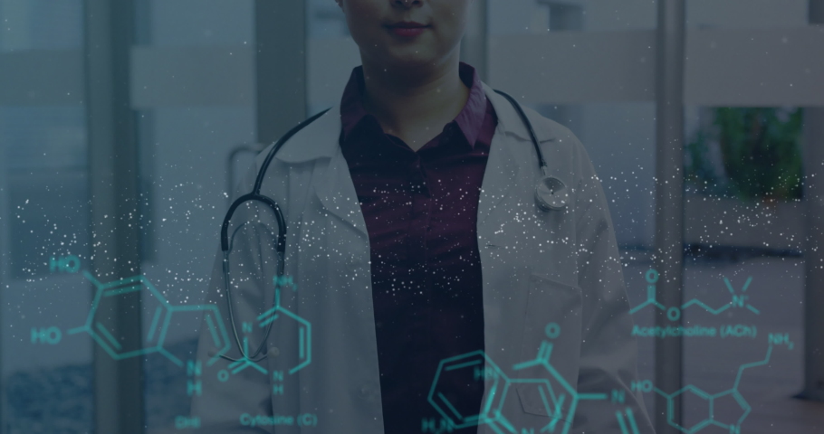 Animation of female doctor smiling medical data processing with structural formulae of chemical compounds and 3d DNA strand turning. Science research medicine genetics concept digital composite. | Shutterstock HD Video #1058674657
