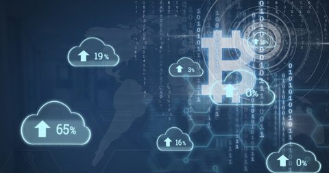 Animation of bitcoin symbol, clouds with percent going to one hundred and binary coding on blue background. Cryptocurrency virtual global finance business concept digitally generated image.