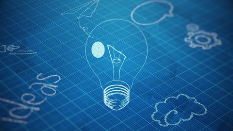 Abstract background with animation of blueprint drawing lamp bulb as idea symbol. Animation of seamless loop.