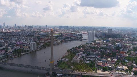 Aerial view of Rama 8 bridge crossing chaopraya river in heart of Bangkok Thailand 