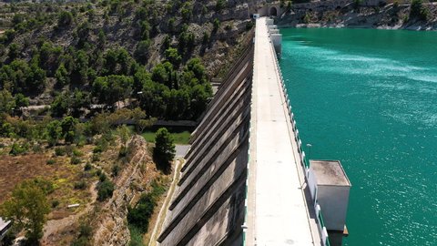 Aerial view of the wall of Amadorio river dam, in the village of Villajoyosa, Spain.