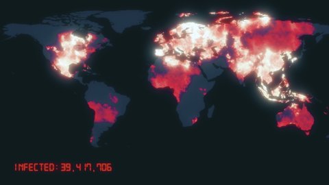 Animated global map showing confirmed covid-19 coronavirus cases spreading from infected Hubei province in China over the world. 3d rendering background 4K video with iconography and statistics.