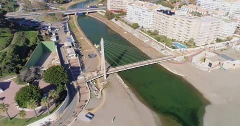 Aerial view of a cable-stayed bridge in southern Spain, Fuengirola.
