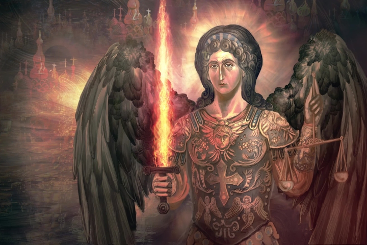 st. archangel Michael with burning sword	 Royalty-Free Stock Footage #1058688547