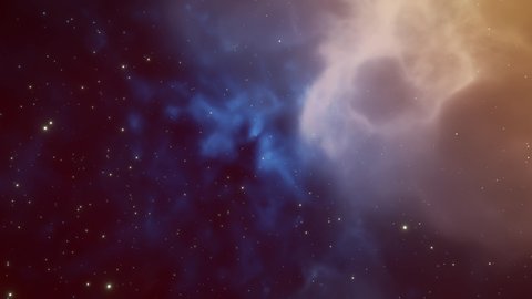 Loopable CGI Animation Space Travel Through Blue and Orange Nebula Clouds and Star Systems.
