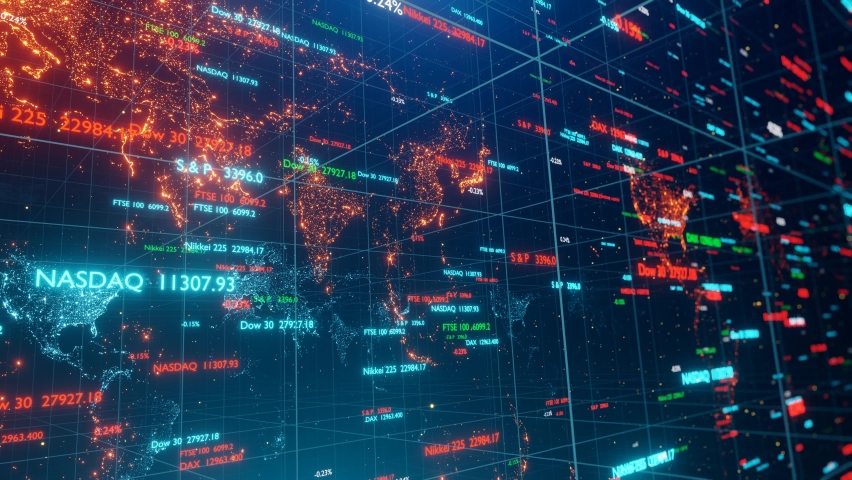 Camera movement through 3D space with a world map and stock indexes. Digital animation of stock market price changes. Animation loop 4k | Shutterstock HD Video #1058694067
