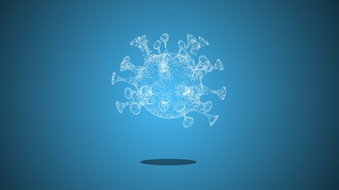 Animation of virus or cell with depth of field translucent geometric structure floating over blue background.