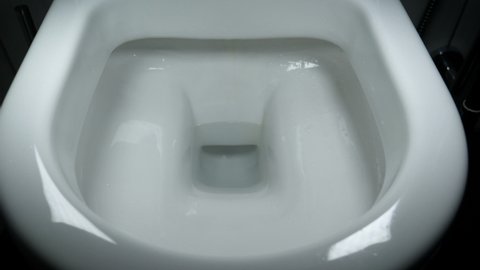 Flush toilet. Water flushes the toilet. The flow of water is clearly visible. Flashing water in a ceramic toilet.