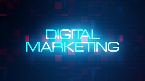 Digital Marketing word tag cloud text animation on modern futuristic digital technology blue and red grid background. 4K 3D rendering text concept for intro title, trailer, business presentation.