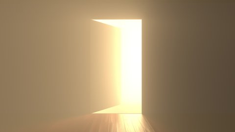 Door opening and bright light flowing into dark room. Can be used as illustration for hope and freedom, future and new beginning and other optimistic concepts