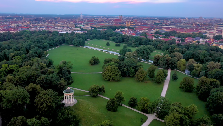 Munich germayn skyline aerial view englisher garten at morning.