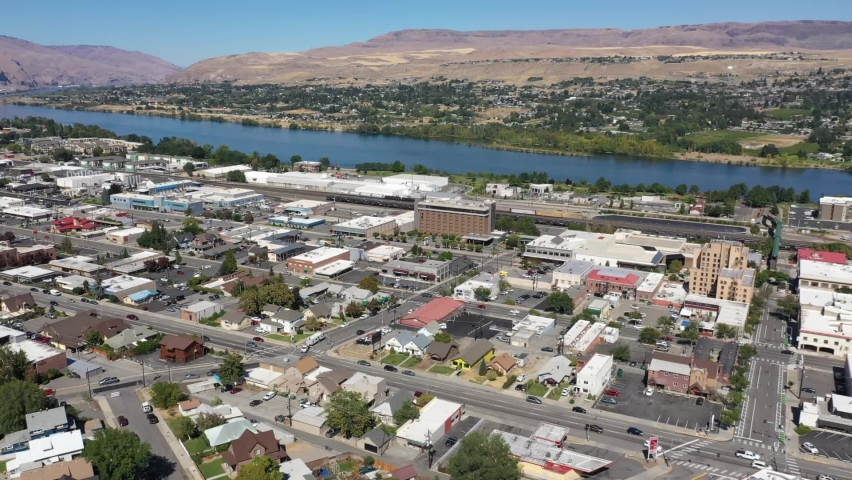 Drone footage of downtown Wenatchee and the Columbia River in Central Washington
