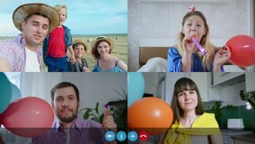 group friends and family uses video conferencing technology, joyful people with festive pipes and balloons look at web camera and congratulate Happy Birthday, screen view