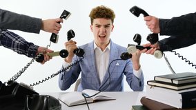 A lot of phone calls: Busy Angry assistant agent helper  working and answering a lot of calls at the same time, landline rotary phone. old school marketing or bad assistance concept - Powered by Shutterstock - Get 15% off with code: PIKWIZARD15