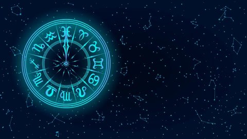 Rotating Round Frame with Zodiac Sign. Blue Horoscope Symbol and Arrow. Panoramic Sky Map of Hemisphere. Colorful Constellations on Starry Night Background. Loop Seamless Stock Footage. 3D Graphic