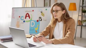 Sequence of shots of female primary school teacher sitting at her desk at home and showing alphabet flashcards to little students while teaching online via video call