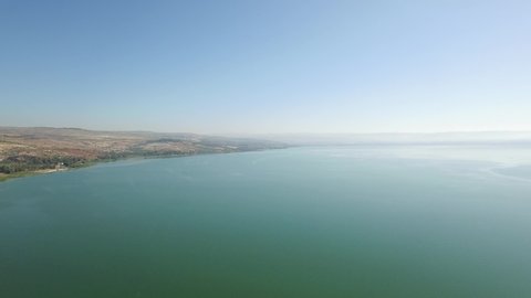 Aerial over western shore of Sea of Galilee near Ginosar. Israel. -0708-06