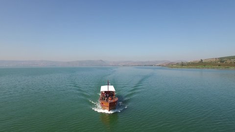 Aerial of boat at northern shore of Sea of Galilee. Israel. 
