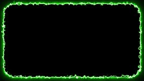 Abstract green neon lightning glowing rectangle frame. 4K rounded rectangular animation on black background. Template for video mapping or presentations. Dynamical colorful border