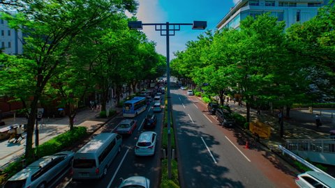 A timelapse of cityscape at Omotesando avenue in Tokyo daytime wide shot tilt. Shibuya district Tokyo Japan - 08.06.2020 : It is a center of the city in tokyo.