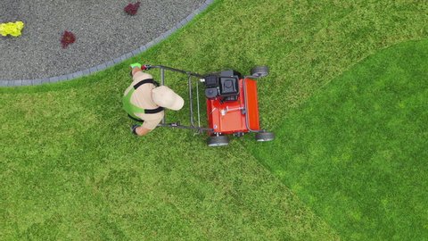 Caucasian Man With Push Aerator Puncturing Soil Of Large Green Grassy Area. Lawn Care And Maintenance Of Property Yard.