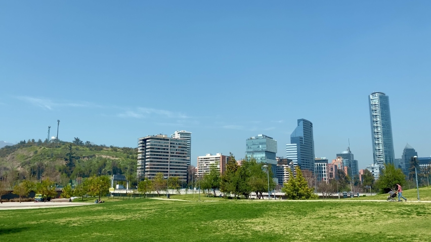 Gorgeous cityscape of Santiago de Chile from a big green urban park