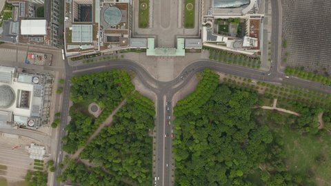 AERIAL: Overhead Top down View of Empty Brandenburg Gate in Berlin Central during Coronavirus COVID-19 Pandemic and Stay at Home regulation in May 2020