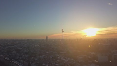 AERIAL: Over Berlin Center with beautiful Morning light in Winter