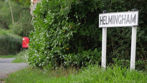 Helmingham village, Suffolk, England - September 2020. Village sign, Helmingham village, Gosbeck Road, Suffolk, England, United Kingdom