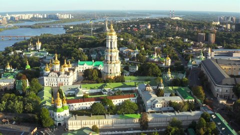 Aerial view of Kiev Pechersk Lavra, Dnieper River and Motherland Monument, Ukraine
