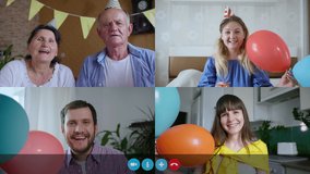happy grandpa and grandma sing a song during virtual online birthday party, people with balloons blow festive pipes on webcam, computer screen collage view - Powered by Shutterstock - Get 15% off with code: PIKWIZARD15