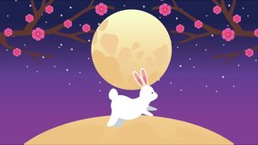 mid autumn festival animation with rabbit and moon in garden ,4k video animated