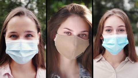 Collage of Happy people group, young women take off protective medical mask from face breathe deeply and smiling at the camera. Happy end quarantine. Home isolation is over. Pandemic Covid-19