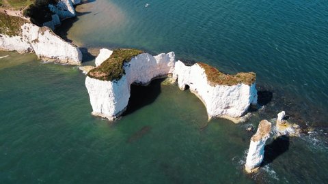 ENGLAND, Beautiful aerial footage over the white cliffs of Dover, Old Harrys Rocks on the south coast of England.