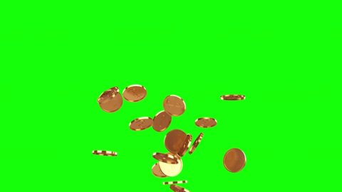  Gold coins falling animation 3d motion on green background.HD 1080