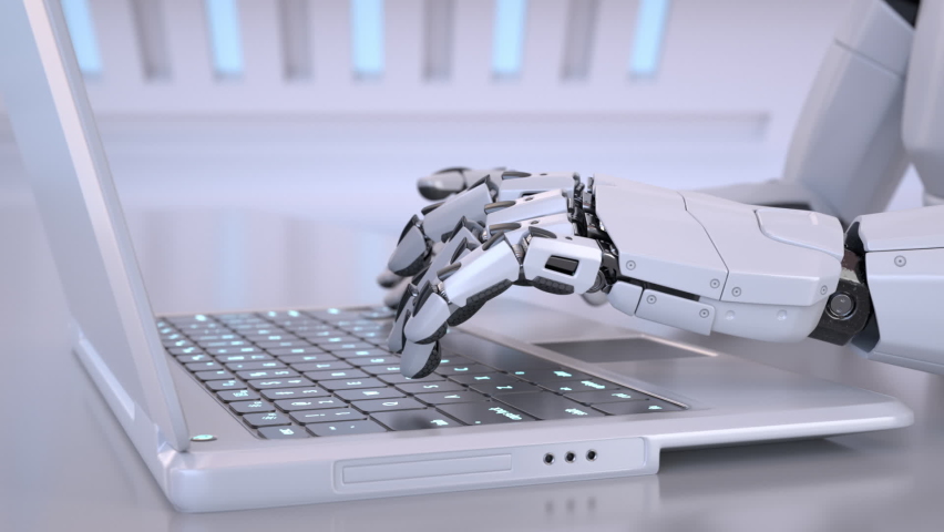 Robots hands typing on a laptop keyboard. 3D animation | Shutterstock HD Video #1058766676