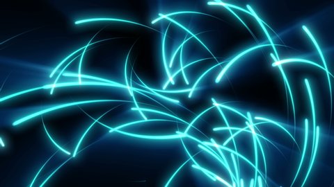 Glowing blue particles stream. Fast energy flying wave line with flash lights. Animation magic swirl trace path on black background. Loopable digital 3d animation.