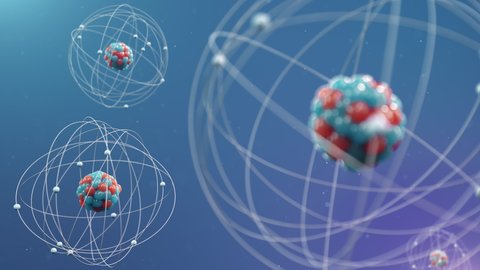 Atomic structure. Atom is the smallest level of matter that forms chemical elements. Nuclear reaction. Concept of physics, science. Neutrons and protons - nucleus. Loopable seamless 4K 3D animation