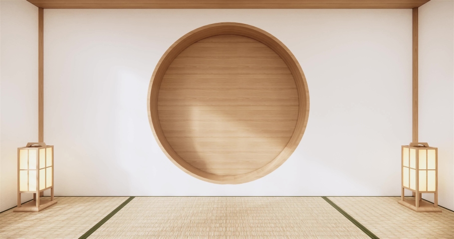 Circle shelf wall design on empty  Living room japanese deisgn with tatami mat floor. 3D rendering