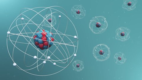 Atomic structure. Atom is the smallest level of matter that forms chemical elements. Nuclear reaction. Concept of physics, science. Neutrons and protons - nucleus. Loop-able seamless 4K 3D animation