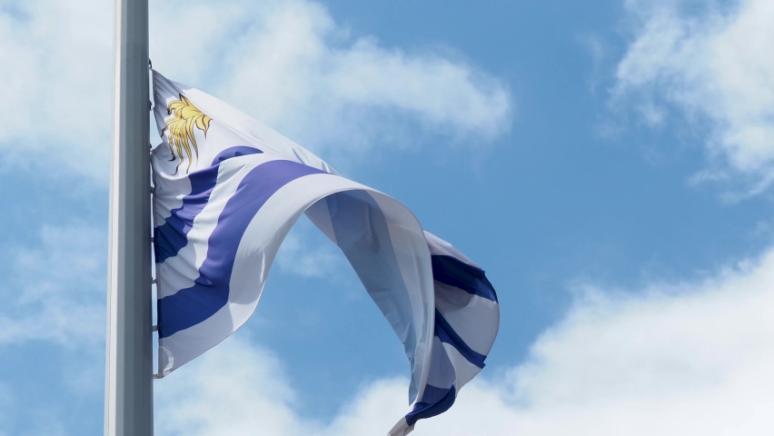 Uruguay flag fluttering in the wind. National flag against a blue sky, high flagpole Royalty-Free Stock Footage #1058782477