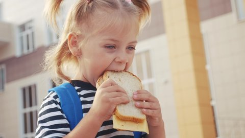 schoolgirl eating a sandwich during recess in school. kids education concept. little girl kid schoolgirl with a backpack eating a sandwich. kid child is having lunch at lifestyle school