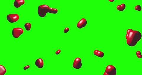 3d model of glossy red hearts rising over green screen or chroma key. Romantic Love concept. Great for greeting card web. Decorative confetti for Valentines day and Mothers days. Animation background