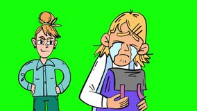 Crying girl with backpack go away from unkind woman cartoon animation isolated on green screen