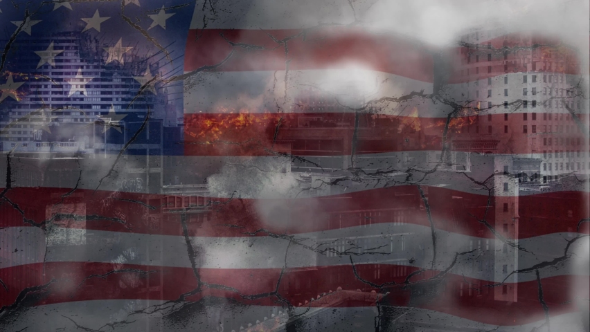 Destruction of American Freedom and Democracy United Stated American Flag. High quality 4k footage. American Flag in civil war in the USA.